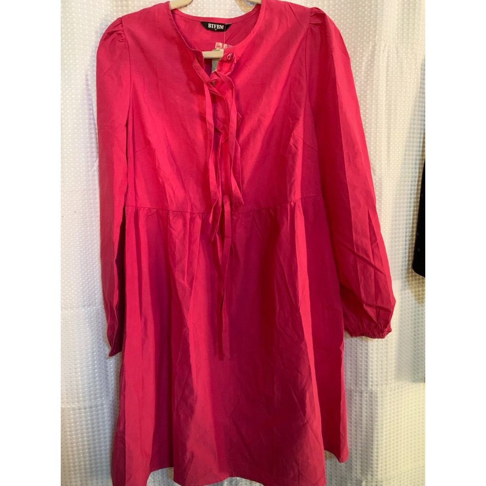 BTFBM Women Hot Pink Tie Front Long Puff Sleeve Babydoll Mini Dress‎ Size M NEW